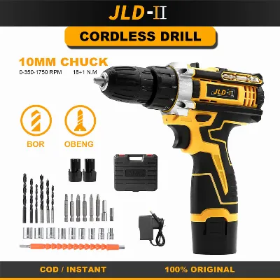 JLD-II 12VF Mesin Bor Baterai Cordless Drill Lengkap&Portable Bor Case 2 Baterai Fullset 10mm — Power Tools Samarinda