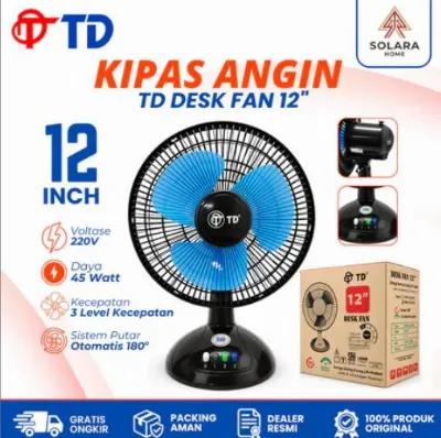 Kipas Angin Meja TD Desk Fan 12 Inch Putar Otomatis 180 Derajat Angin Kencang Hemat Listrik SNI